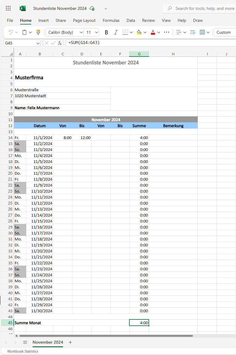 Stundenzettel Microsoft Excel